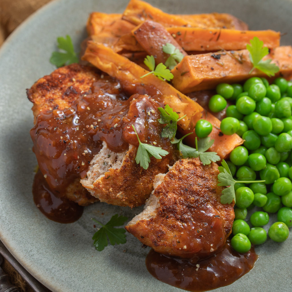 BBQ Turkey Rissoles with Chips & Peas Youfoodz