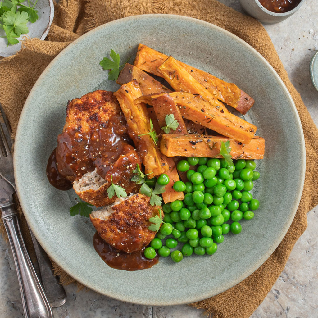 BBQ Turkey Rissoles with Chips & Peas Youfoodz